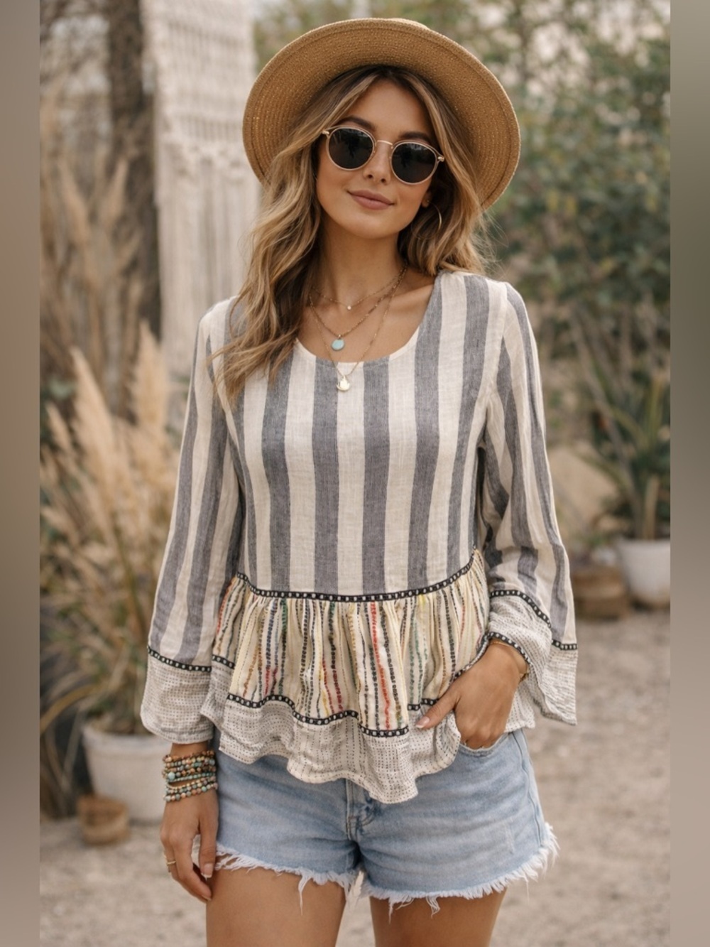 THML Peplum Blouse Sz S Boho Stripe Embroidery Indie Artisan Anthro Vibe Art